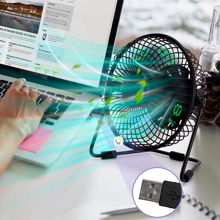 Ventilador + Reloj LED USB Temperatura Hogar Oficina Escritorio